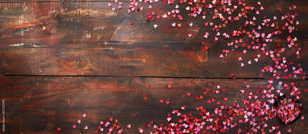Poster Heart shaped pink and red confetti arranged on a brown wooden backdrop creating a Valentine s Day theme with copy space for a greeting card