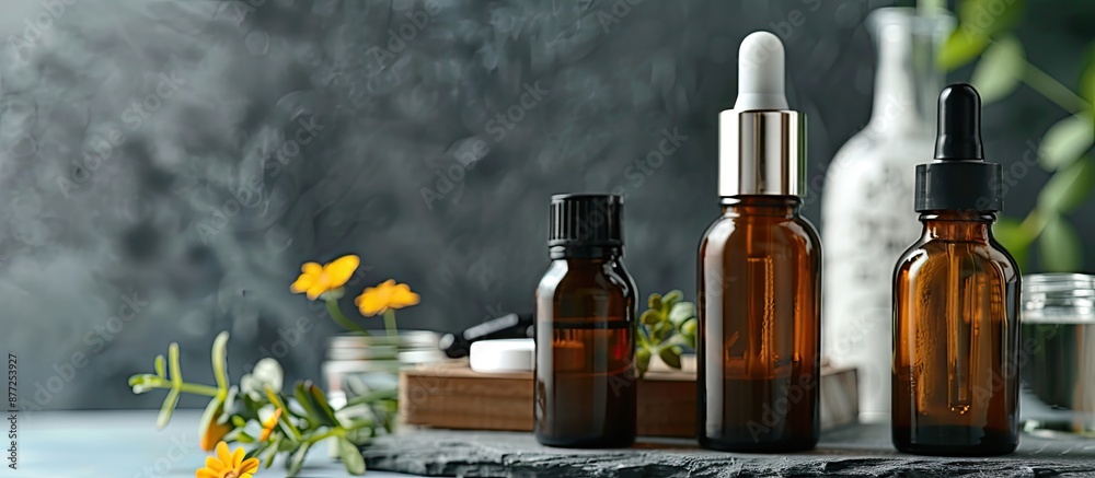Leinwandbilder Esthetic oils and bottles in an image with space for adding text or graphics. with copy space image. Place for adding text or design