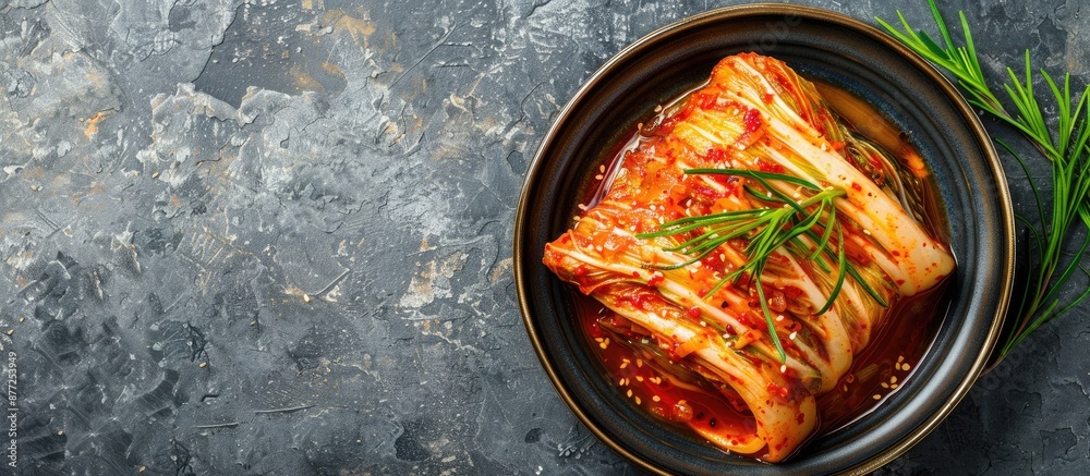 Aufkleber Traditional Korean dish of kimchi cabbage displayed on a gray backdrop with ample copy space image
