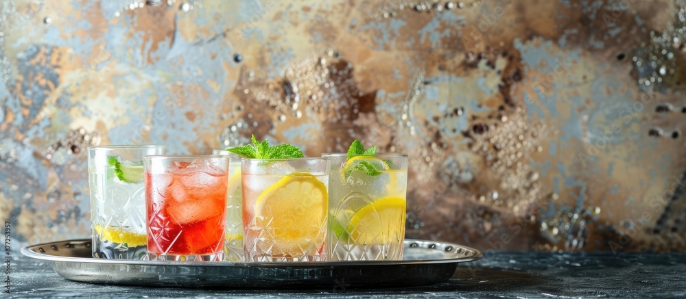 Leinwandbilder assorted glasses on a silver tray hold summer beverages with ice lemon and mint against a textured w