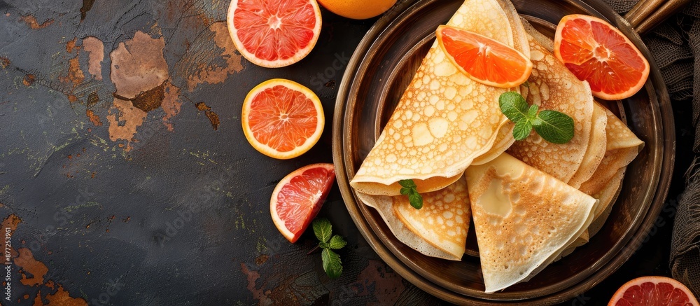 Fototapete rustic top view of tasty fresh grapefruit crepes on a table with copy space image ideal for a health