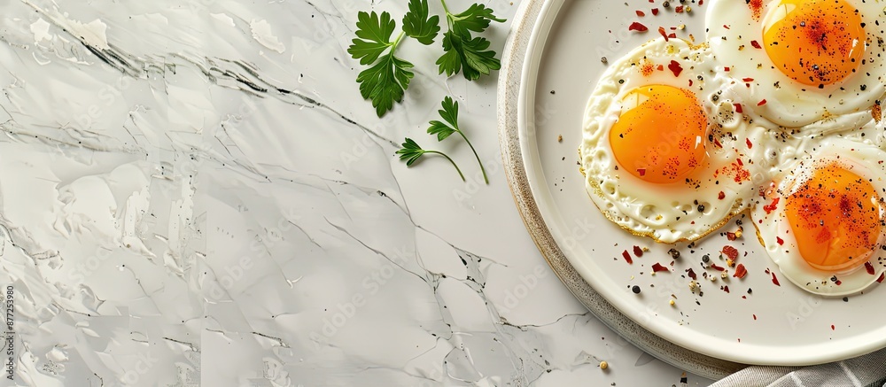 Poster close up overhead view of fried eggs on a cooking platter with copy space image