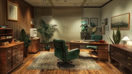 Fototapeta premium Modern Workspace Interior with Minimalist Office Desk, Ergonomic Chair, and Natural Light - Contemporary Workplace Design Concept