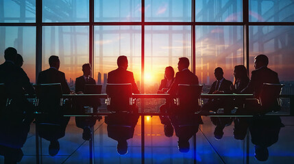 Business professionals in a conference room having a meeting during sunset, discussing strategy and planning with cityscape visible through large windows