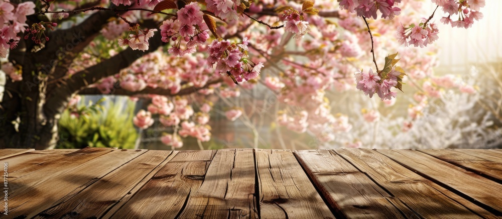 Poster Rustic wooden table positioned in front of a blossoming cherry tree ideal for product display or a picnic with space for images. with copy space image. Place for adding text or design