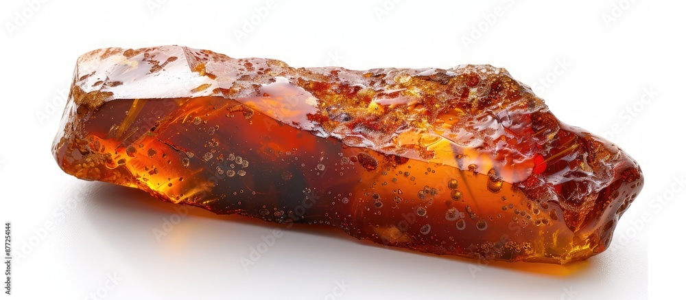 Fototapete Elongated untreated amber with a crust displaying natural red brown hues on a white background creating a distinct copy space image