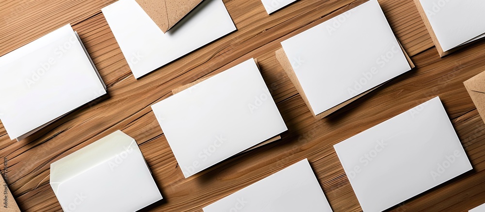 Poster Business cards in brown and white viewed from above with ample space for an image to be inserted
