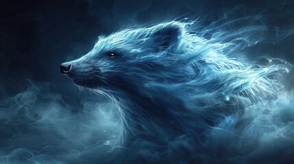 Obraz premium A close-up of a bear on a black background with blue and white smoke swirling around its head is an excellent image to create The use of colors, such as the blue and white