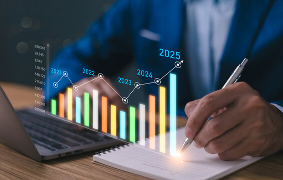 2025 business financial plan market concept, performance of profit growth on 2024 to 2025 education trend up finance on growth graph money revenue, Businessman analyzes profitability of working.