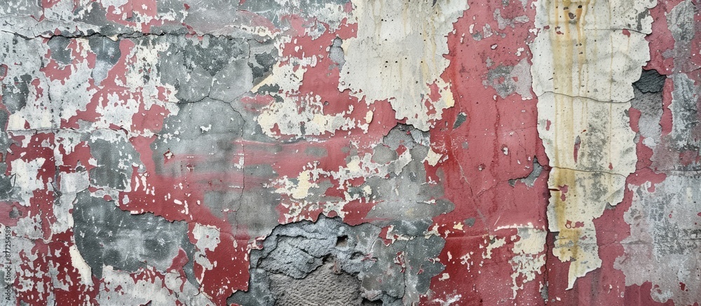 Poster copy space image of a weathered wall with peeling paint as a grunge background and texture