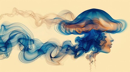   Blue-orange smoke clusters float against a white backdrop with subtle yellow highlights