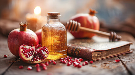 Rosh Hashanah Jewish New Year holiday concept Traditional symbols Honey jar apples pomegranate