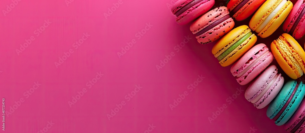 Poster colorful macaroons arranged on a vibrant hot pink background perfect for showcasing with a copy spac