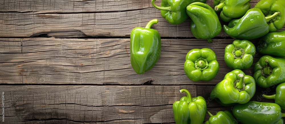Leinwandbilder freshly harvested green peppers arrange in a top view on a rustic wooden table with copy space image