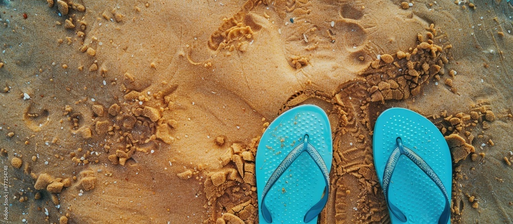 Aufkleber overhead view of blue flip flops on a sandy beach with a designated copy space image