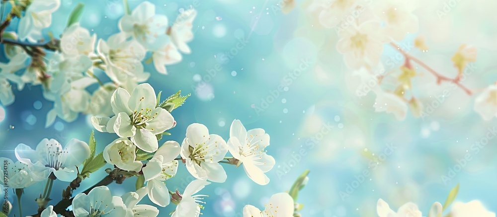 Poster spring has arrived with blooming white blossoms against the morning sky creating a serene background