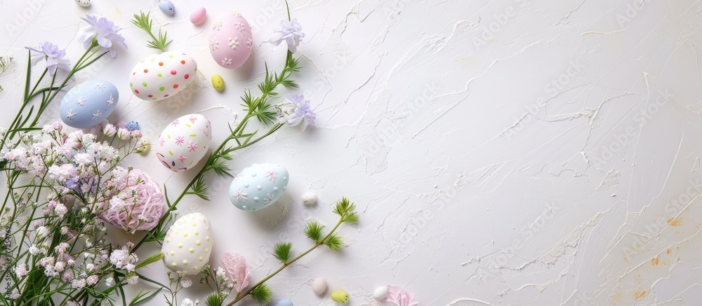 Poster Top view of an Easter themed arrangement displayed on a white background with space for text or other images. with copy space image. Place for adding text or design