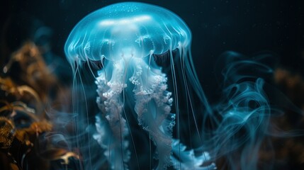 Fototapeta premium A close-up of a jellyfish in the water with smoke emerging from its mouth