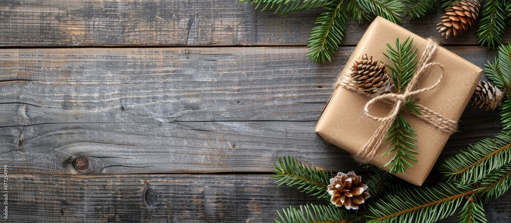 Aufkleber festive gift box for christmas decorations displayed on a rustic gray wooden background symbolizing 