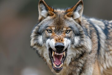 Close-up of a wolf baring its sharp teeth, fierce and intimidating expression, wolf teeth, wildlife aggression, predator focus
