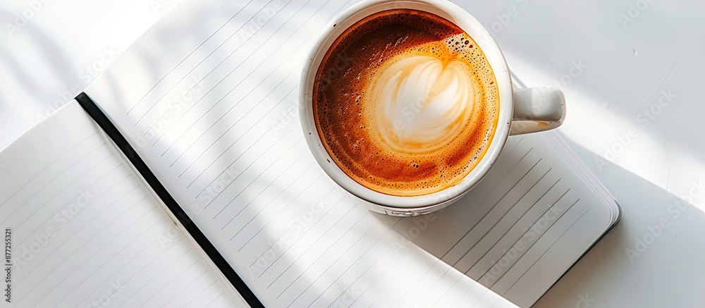 Poster A coffee cup and notebook viewed from the top against a white backdrop featuring copy space image