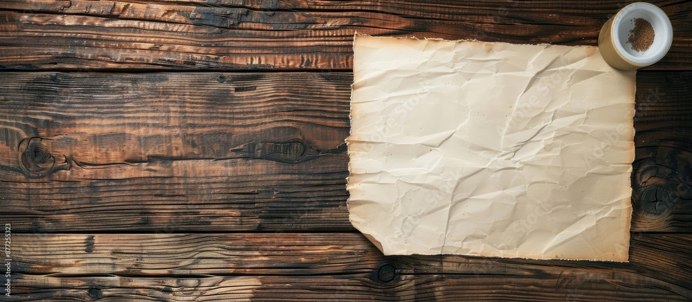 Poster wooden table with an empty paper providing copy space image