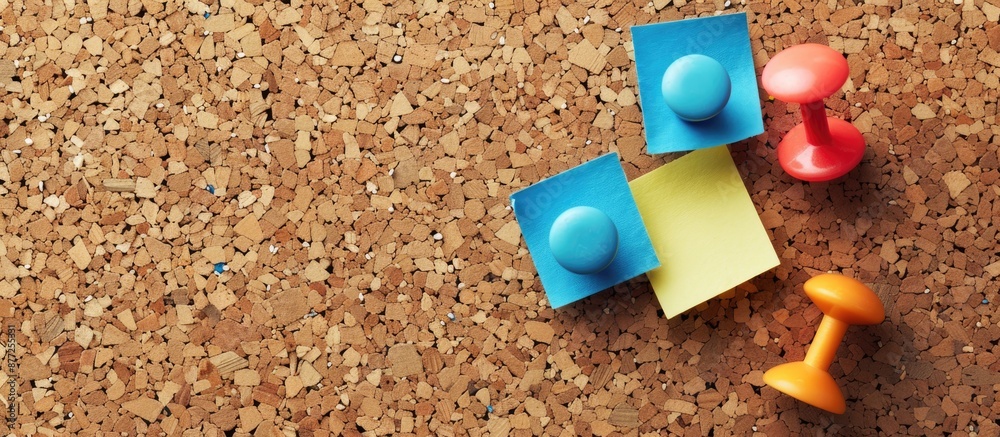 Poster sticky note with thumbtacks on cork board providing copy space image