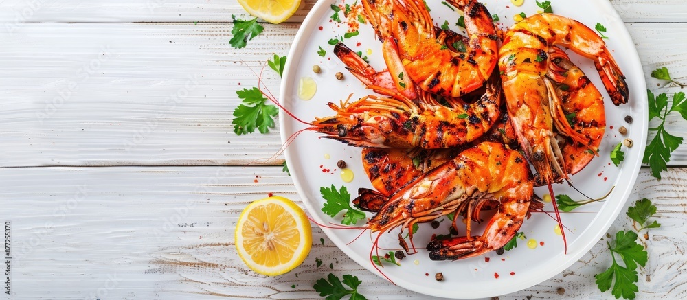 Poster top view of a banner displaying grilled large tiger prawns on a white plate with spices lemon and fr