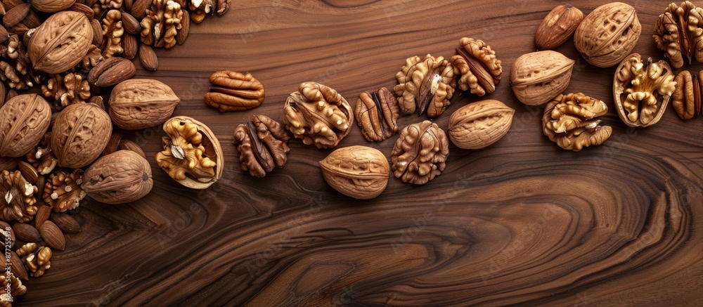 Leinwandbilder walnut kernels arranged on a wooden board with ample copy space image available