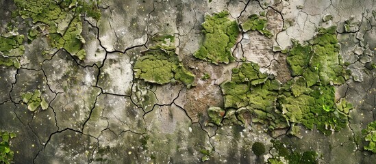Close up of moss covered and cracked old wall creating a background concept with a peeling wall or road material texture providing copy space image