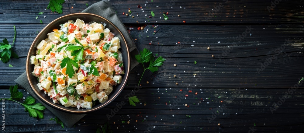 Aufkleber Top down view of a homemade Olivier salad in a bowl on a black wooden surface Ample copy space available in the image for additional text or graphics