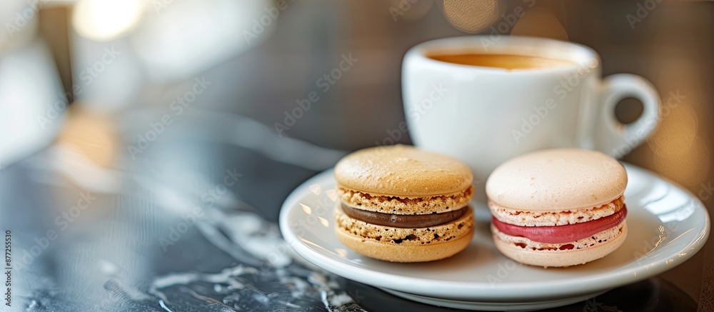 Poster Breakfast featuring macaroons and coffee with a selective focus on a copy space image