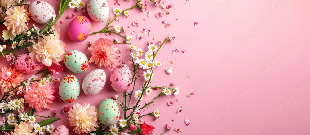 Poster Easter holiday card idea with vibrant eggs and flowers on a soft pink background View from above with room for text or images. with copy space image. Place for adding text or design