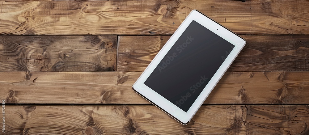 Poster tablet mockup displayed on a wooden surface with a clean slate screen ready for your content featuri