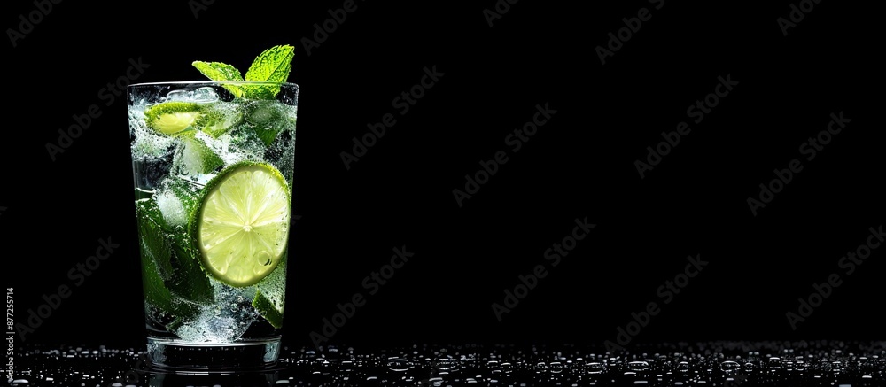 Fototapete A refreshing summer mint and lime drink on black background with space for text called Mojito cocktail. with copy space image. Place for adding text or design