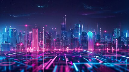 Abstract Digital High Tech Cityscape with Neon Lights, Modern Futuristic Urban Architecture and Technology Concept - Vector Illustration Banner Background