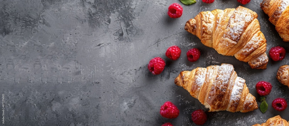 Leinwandbilder French pastries such as croissants with cream cheese and raspberry signify a healthy dessert concept shown on a stone background from above with available copy space image