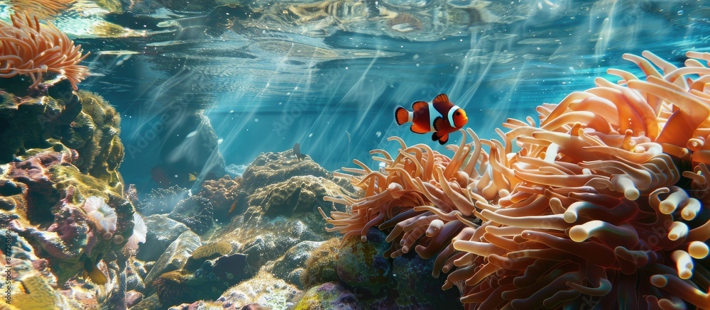 Poster the scene showcases a vibrant red sea anemone hosting a playful anemonefish against a backdrop of cl
