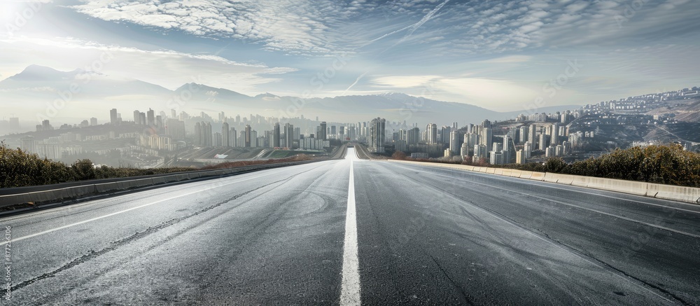 Poster panoramic cityscape seen along an empty road offers a captivating view with a vast copy space image