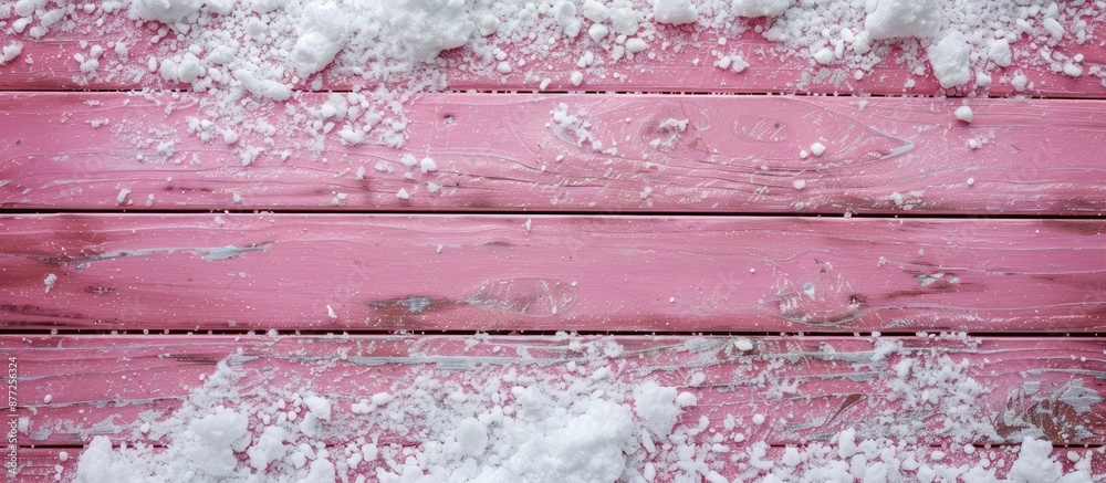 Aufkleber pink wooden surface with a pile of snow and copy space image viewed from above perfect for christmas