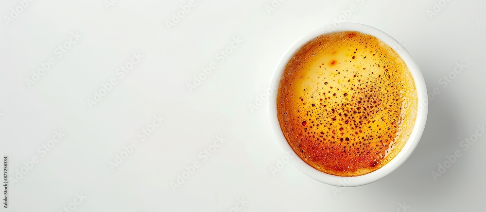 Poster top view of a homemade creme brulee set against a white background with ample copy space image provi
