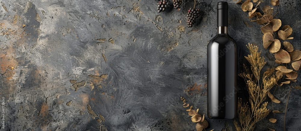 Poster Mockup of a wine bottle on a dark grey concrete background featuring copy space image for your design and product promotion viewed from the top