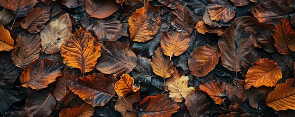 Top view of fallen autumn leaves creating a natural texture with rich brown and orange hues. Perfect for seasonal and nature-themed projects.