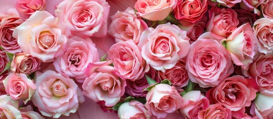 A display of pink roses on a table with a blank space for an image. with copy space image. Place for adding text or design