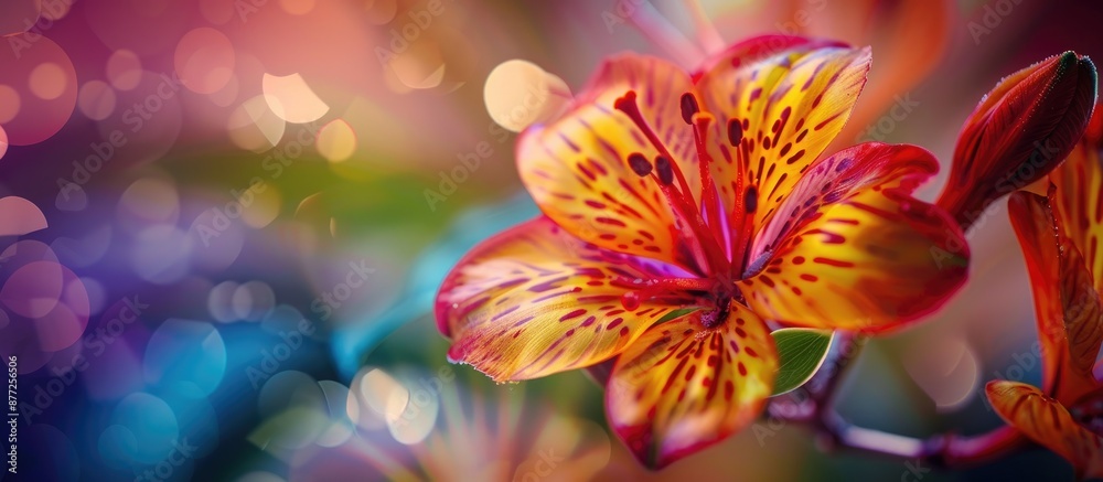 Poster Close up view of a red yellow tropical flower with dark dots against an abstract floral background with copy space image