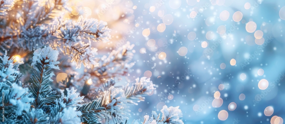 Poster copy space image of a wintry scene with snow frost blurred blue landscape and frosted fir branches i