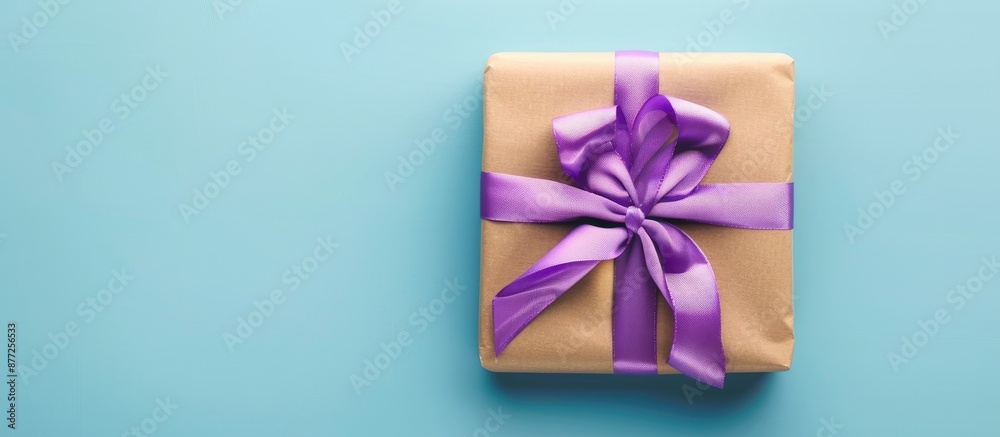 Aufkleber Top view of a gift box wrapped in paper with a purple ribbon displayed on a colored table with a blue background for a copy space image