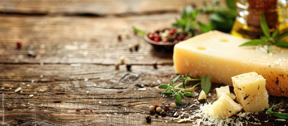 Poster wooden table background with parmesan cheese herbs and spices ideal for showcasing products with cop