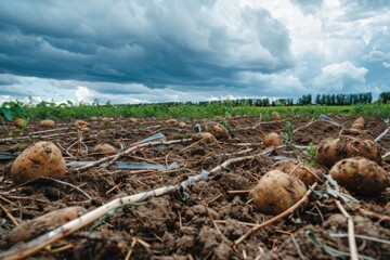 An empty potato field with scattered dry stems and dark, ominous clouds above, the end of harvest season or adverse weather, posing challenges to farmers