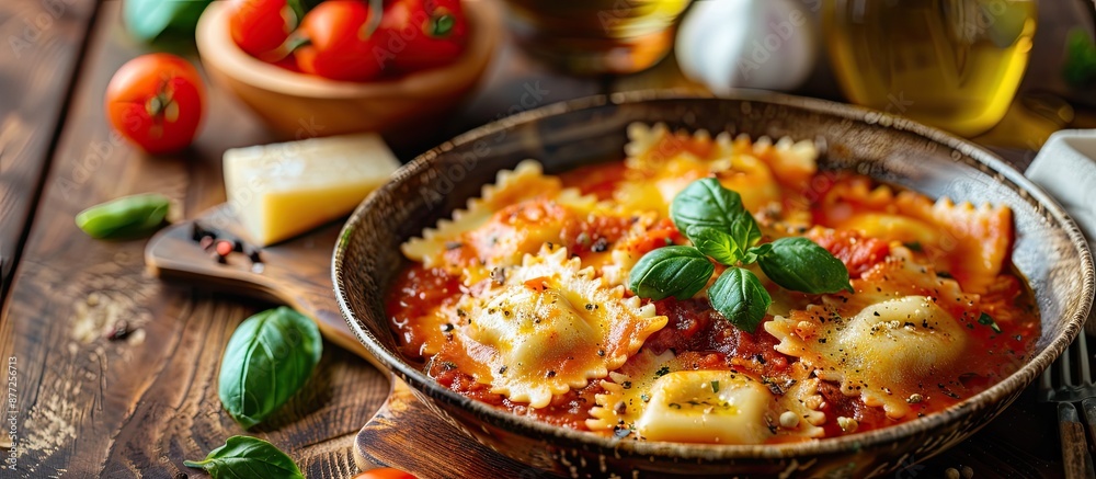 Poster a healthy meal on the table featuring ravioli stuffed with fish in a fresh tomato sauce with a copy 